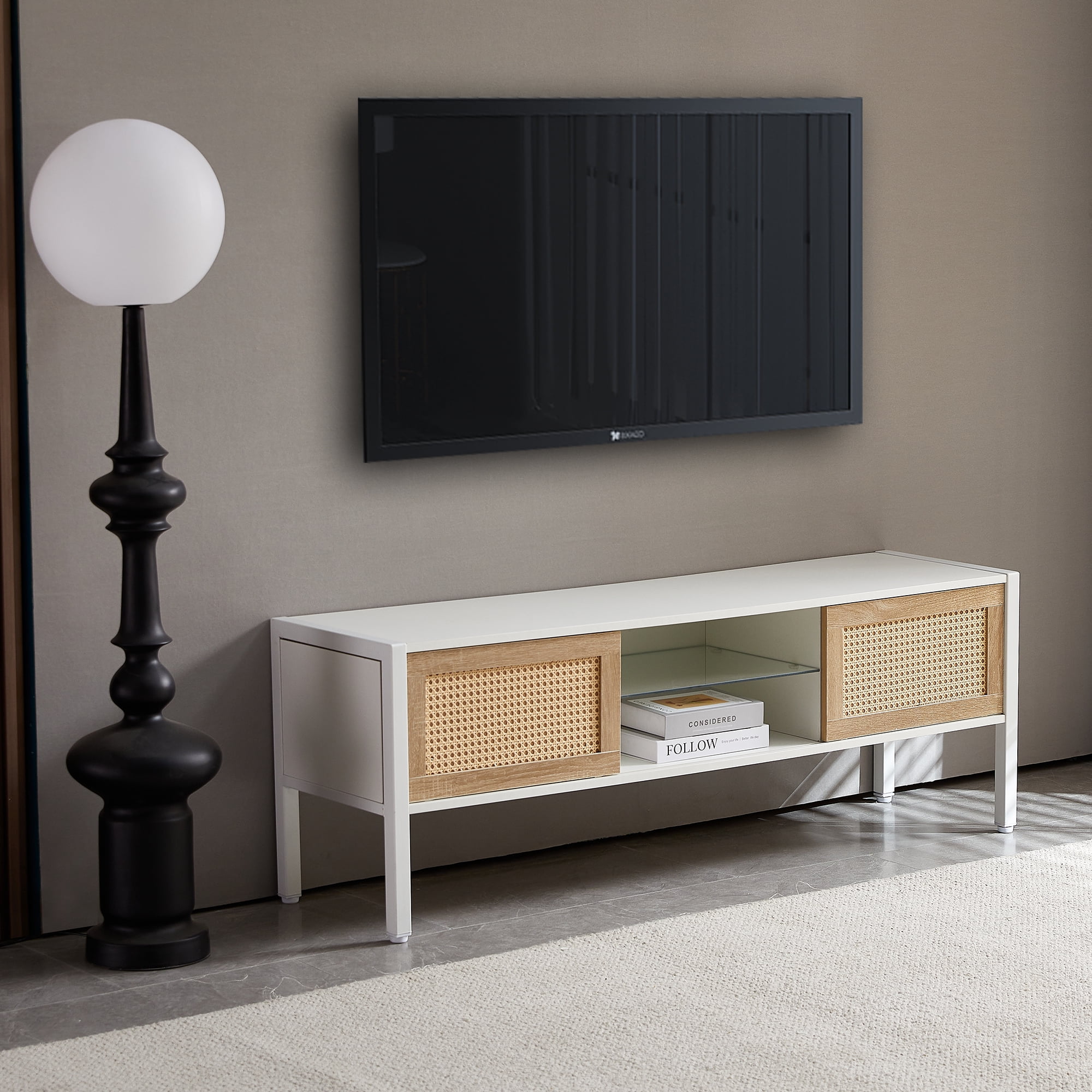 MAYEERTY 54.33" Rattan TV Cabinet with Adjustable Shelf, Variable Color Light Strip, and Metal Legs, White
