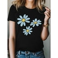 thumbnail image 4 of Women's T-Shirt Minimalist Light Blue Yellow Daisy Floral Short Sleeve Casual Tee Classic Crew Neck T Shirt for Women Black, 2XL, 4 of 7