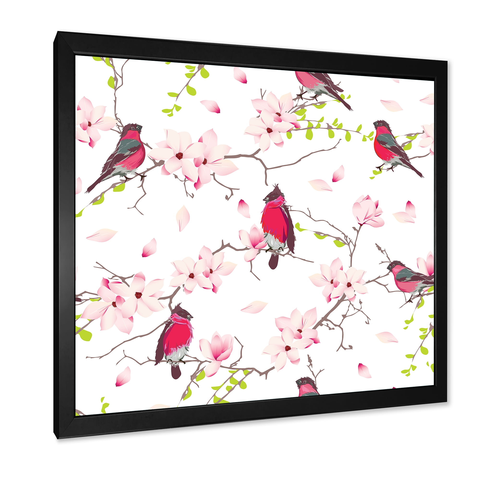 Designart 'Red Bullfinches Sitting On Magnolia Tree' Traditional Framed Art Print