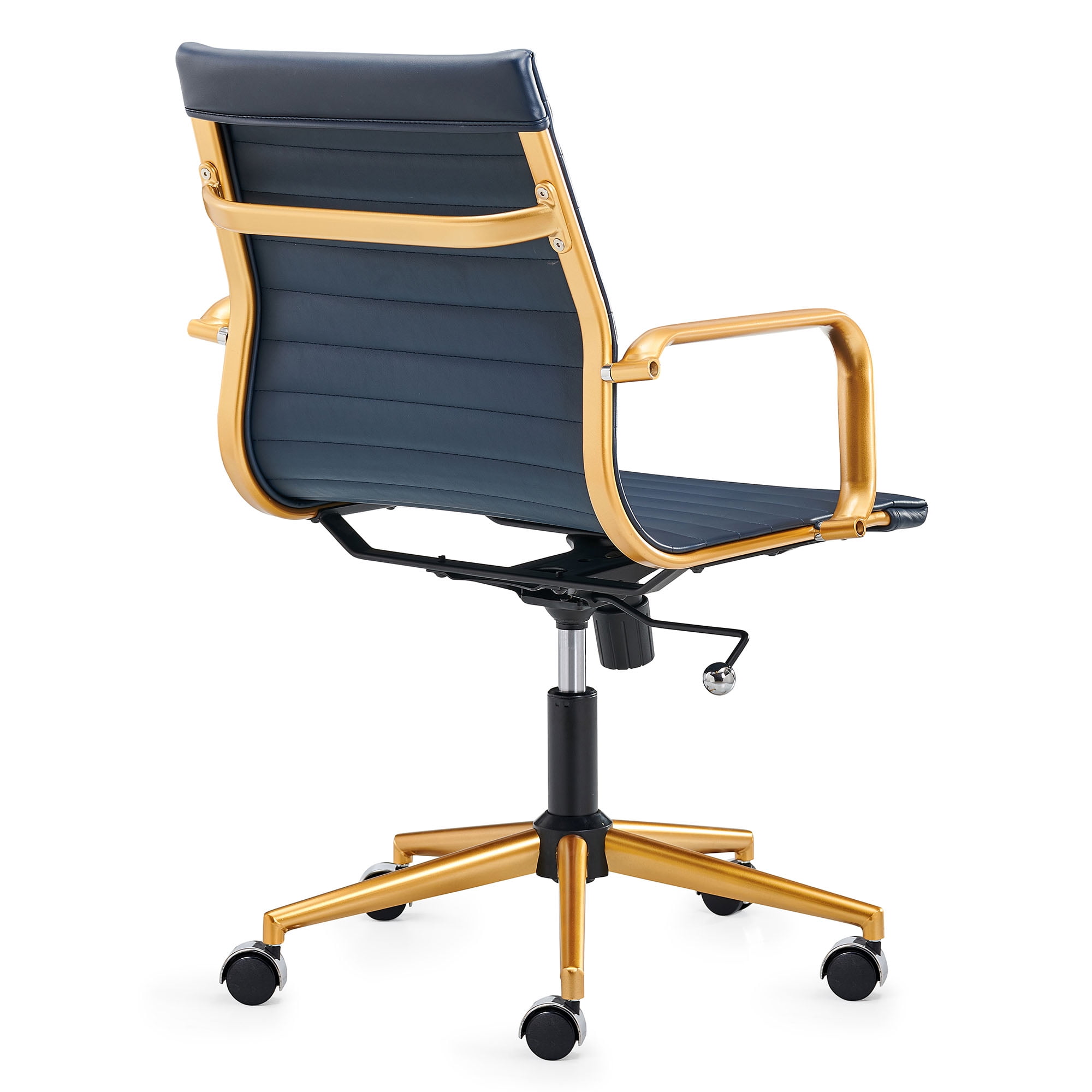 LUXMOD® Mid Back Gold Office Chair in Blue Leather, Adjustable Swivel Chair in Durable Vegan Leather, Ergonomic Desk Chair for Extra Back & Lumbar Support, Modern Executive Chair