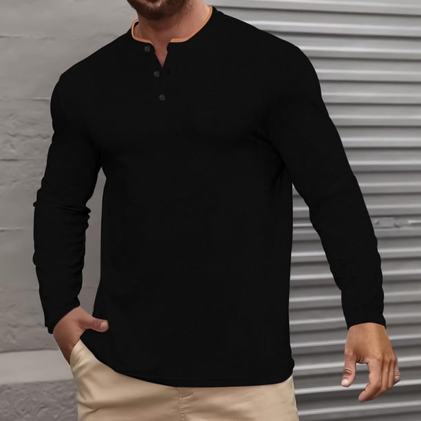 Blusa y camisa de manga larga con cuello alto para hombre, informal, de color liso, con botones, bolsillos y cuello vuelto, blusa de manga larga, blusa de poliéster para hombre