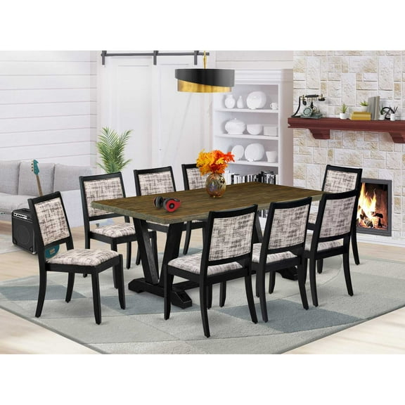 East West Furniture V-Style 9-Piece Kitchen Table Set in Distressed Jacobean