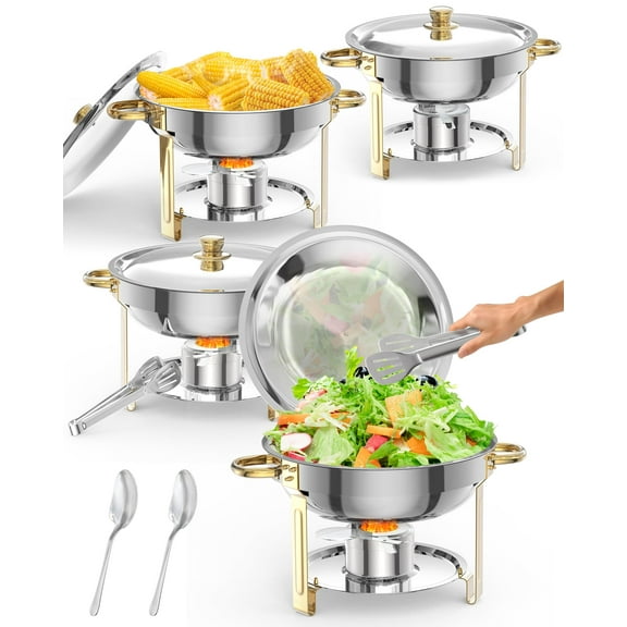 Towallmark 5QT 4 Packs Chafing Dish Buffet Set, NSF Round Stainless Steel Chafers and Warmers Food Servers Sets with Lid & Lid Holder, Spoon & Tweezer for Catering Events Parties