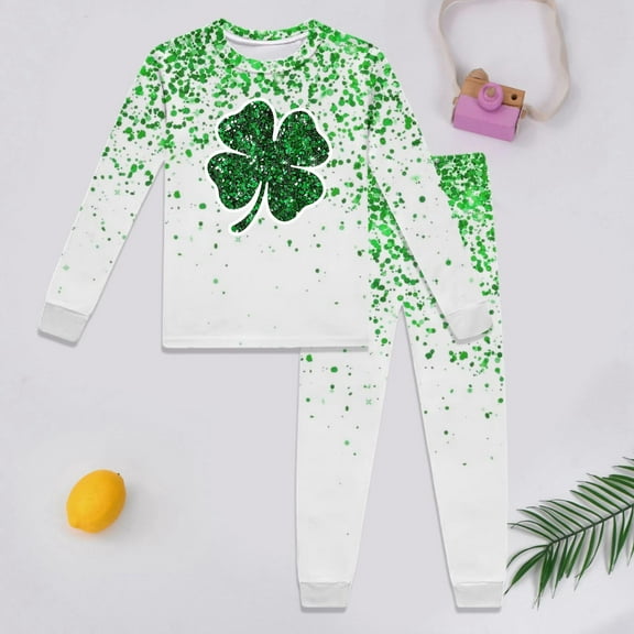 TOOYOU Girls Outfits Children Long Sleeve St. Patrick's Day Full Print Suit Comfortable Clothing Set For Children Green Size 2-3 Years
