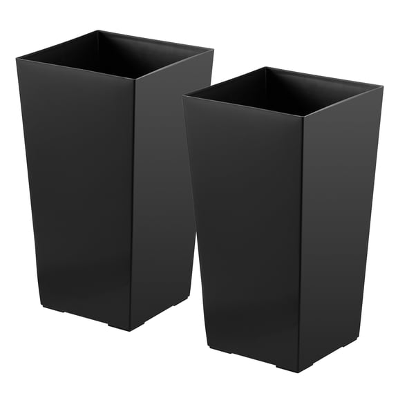 KFFKFF Set of 2 Tall Planters, 22in Large Tapered Pots for Indoor and Outdoor Use, Modern Plastic Flower Containers with Wheels, Inner Pot, and Drainage Holes for Patio, Garden, and Porch, Black