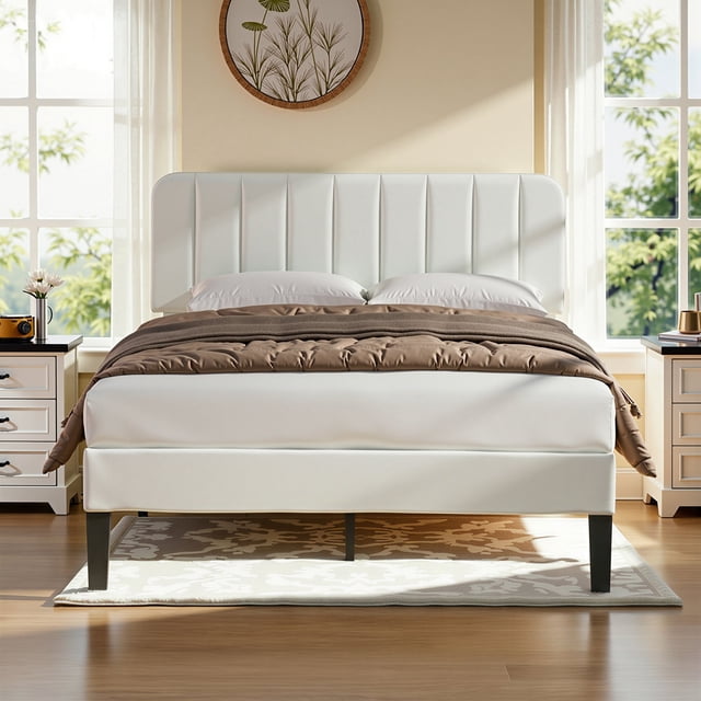 VECELO Lits Rembourrés Format Grand, Cadre de Lit Plateforme Moderne avec Tête de Lit Réglable, Lattes en Bois en Soutien/pas de Sommier Requis, Beige