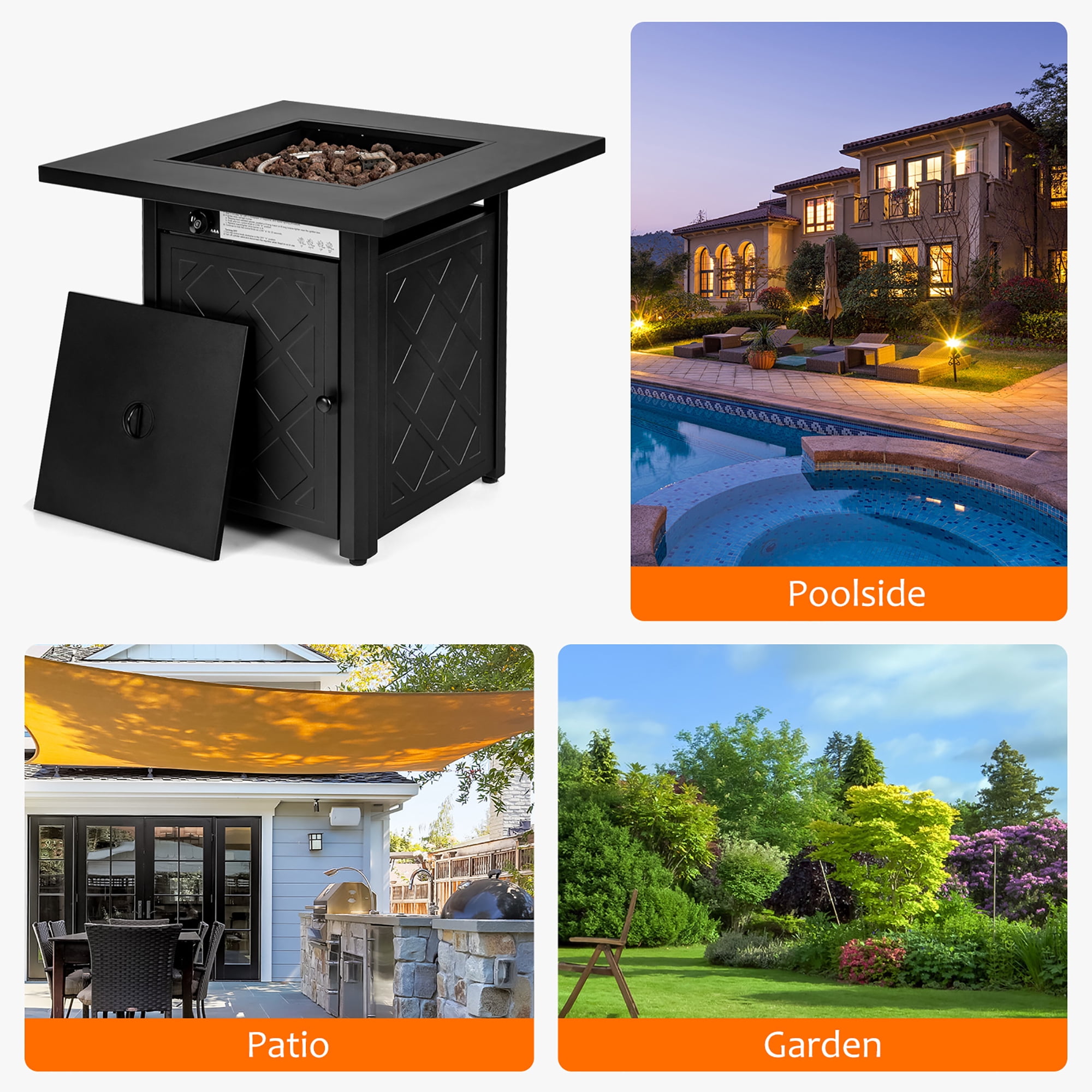 Costway 28''  Propane Fire Pit Table 50,000 BTU Patio Square Gas Fireplace W/Lava Rock