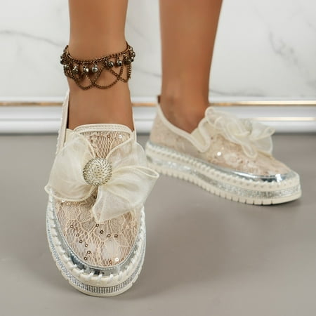 XDDST Womens Flats Comfortable Dressy Flat Ladies Fashion Rhinestone Sequin Decorative Mesh Bow Thick Sole Casual Single Shoes