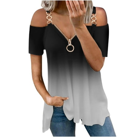 Summer Cold Shoulder Tops for Women 2022 Sexy Zipper V Neck T Shirts Print Short Sleeve Blouses Fashion Party Tees
