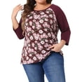 thumbnail image 1 of Blusa de Talla Grande para Mujeres Agnes Orinda con Cuello Redondo Floral de Color de Contraste y Mangas Raglán de 3/4, Tops Campesinos Casual 1X Burdeos, 1 of 8