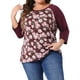 thumbnail image 1 of Blusa de Talla Grande para Mujeres Agnes Orinda con Cuello Redondo Floral de Color de Contraste y Mangas Raglán 3/4 Casual Tops 4X Burdeos, 1 of 8