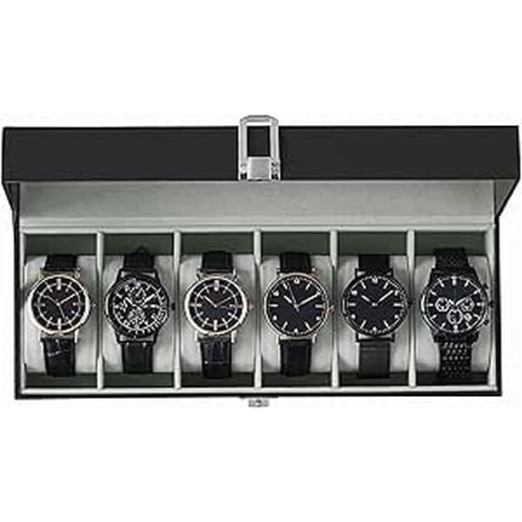 Sleek 6-Slot Watch Box, Large Glass Lid, Removable Pillows, Watch Organizer - Gift for Loved Ones, Black Synthetic Leather
