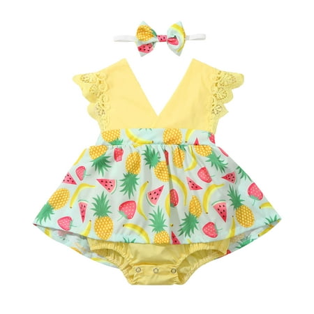 

Baby Girls Sleeveless Lemon Strawberry Lace Romper Bodysuit+Headband Casual Outfits For 12-18 Months