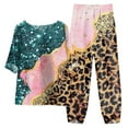 thumbnail image 1 of Mikilon Ensemble Élégant pour Femmes 2 Pcs Coton Lin Imprimé Manches Cinq-Quarts Col Rond + Pantalon Décontracté Rose-A TG, 1 of 3