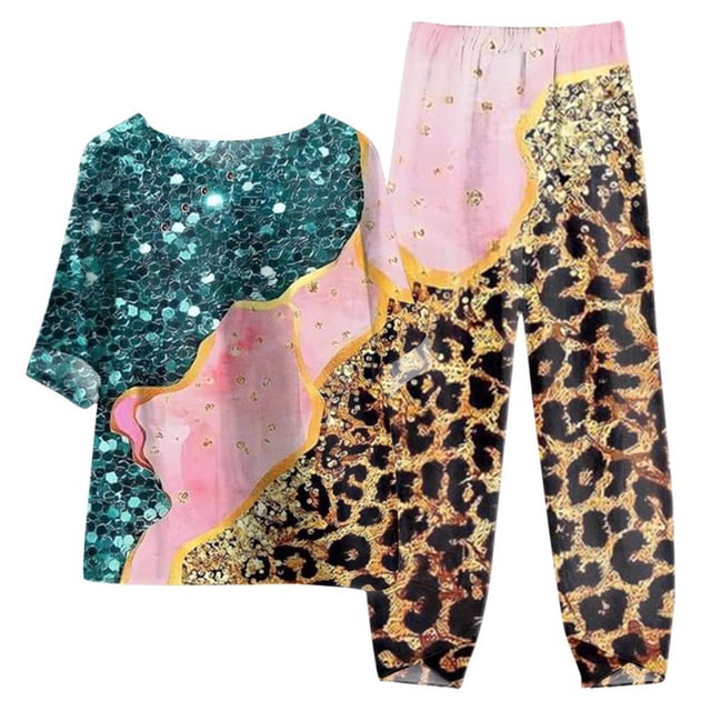 Mikilon Ensemble Élégant pour Femmes 2 Pcs Coton Lin Imprimé Manches Cinq-Quarts Col Rond + Pantalon Décontracté Rose-A TG