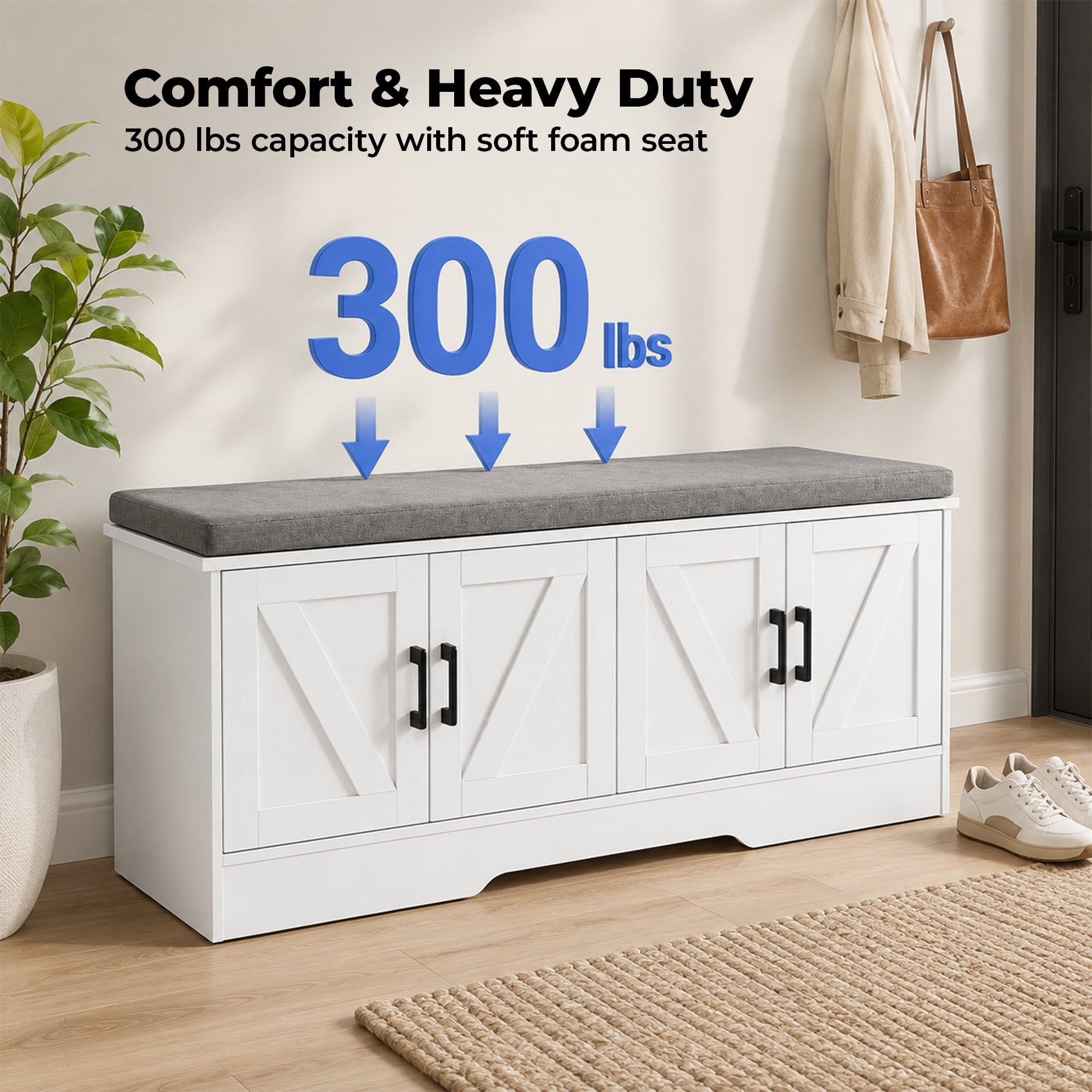 Alvantor White 2-Tier Wooden Shoe Storage Cabinet with Cushioned Seat, Adjustable Shelves for Entryway, Bedroom