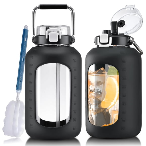 Botella de agua WINSA de vidrio de 3 L con tapa con sorbete y funda de silicona