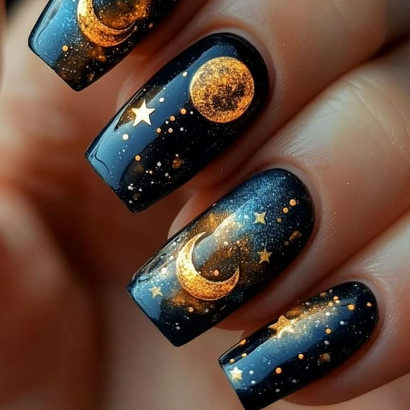 Short Square Press on Nails Dark Blue Fake Nails Gradient Starry Sky Glue on Nails with Gold Star Designs Cute French Acrylic False Nails Short Stick on Nails for Women Nail Art Decorations 8 style7