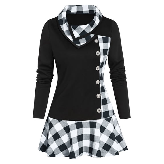 IROINNID Reduced Womens Plus Size Tops Plus Size Button Cowl Neck Long Sleeve Patchwork Plaid Print Tops,White