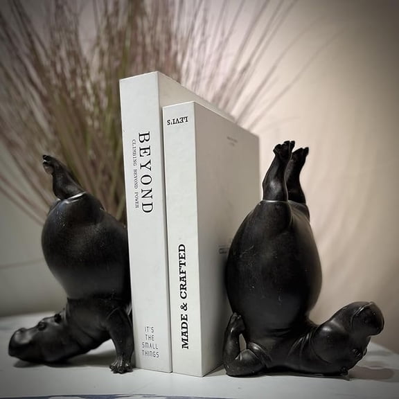 Hippo Bookends Single, Novelty Upside Down Hippopotamus Book Holder, Solid Resin Acrobatic Hippo Book End for Farmhouse Modern Home Decor, Unique Black Desk Ornament Style B
