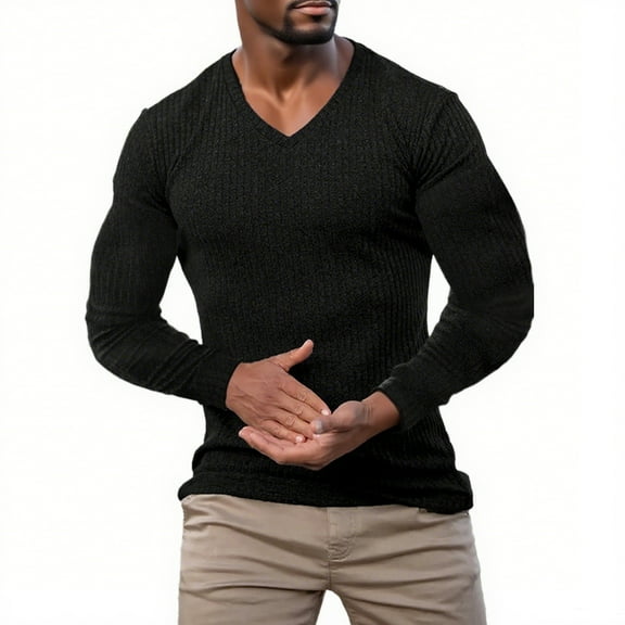 Men's V-Neck Long Sleeve Shirts in Solid Color with Textured Dressy Sweater Blouse Design for Fall Fashion 2025, Loose Outfits and Casual Wear,Black,L