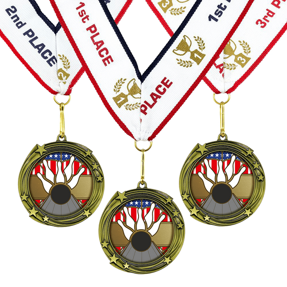 All Quality Bowling Swirling Stars Design Medals - 1st, 2nd, 3rd Place - 30 Piece Set (10 Pack)