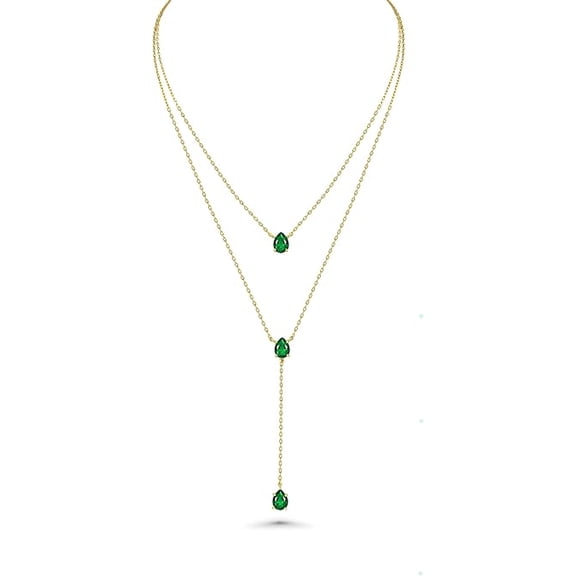 Women's 18K Gold Plated Layered Y Necklace with Emerald Teardrop Pendant