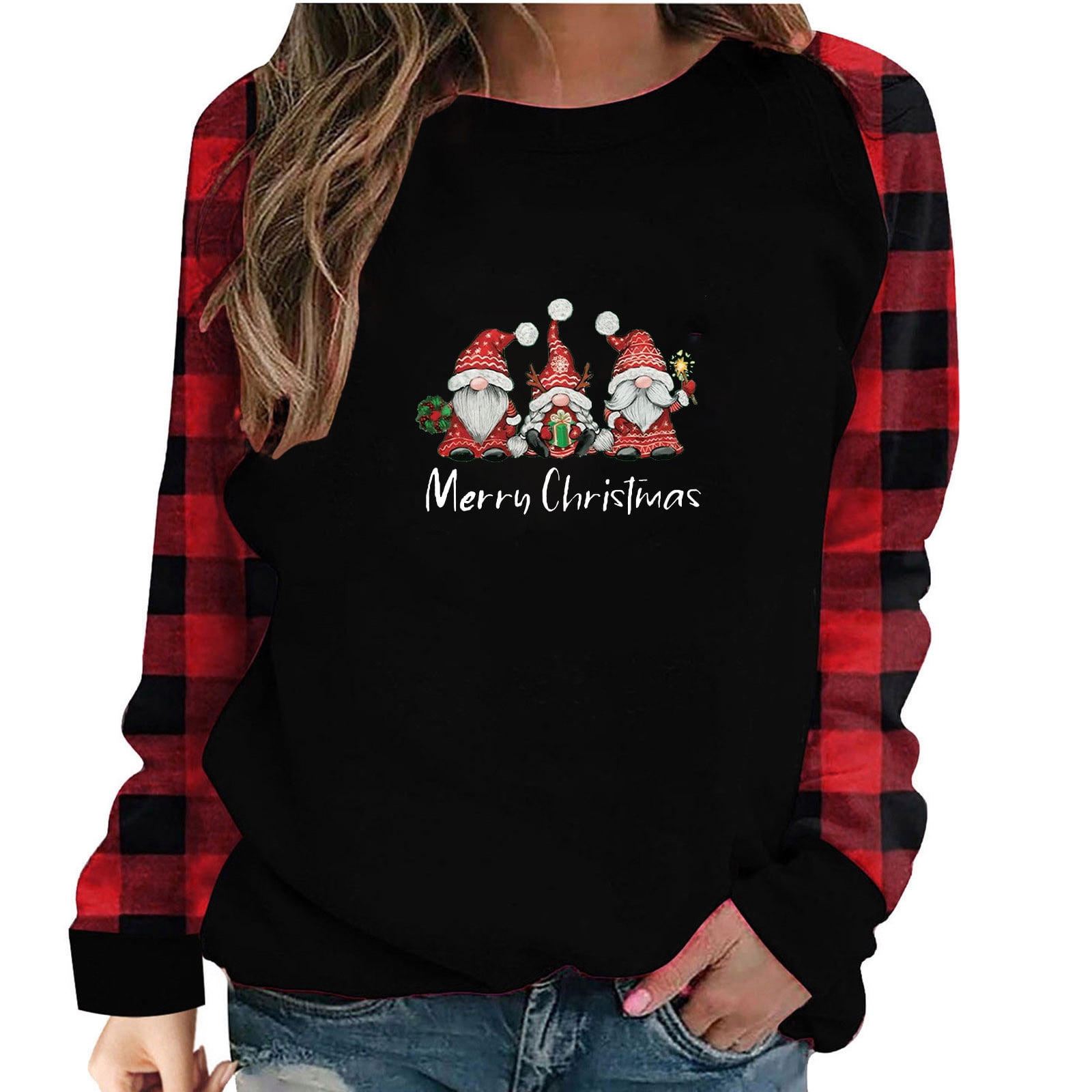 amidoa Women's Buffalo Plaid Crewneck Sweater Merry Christmas Hooded ...