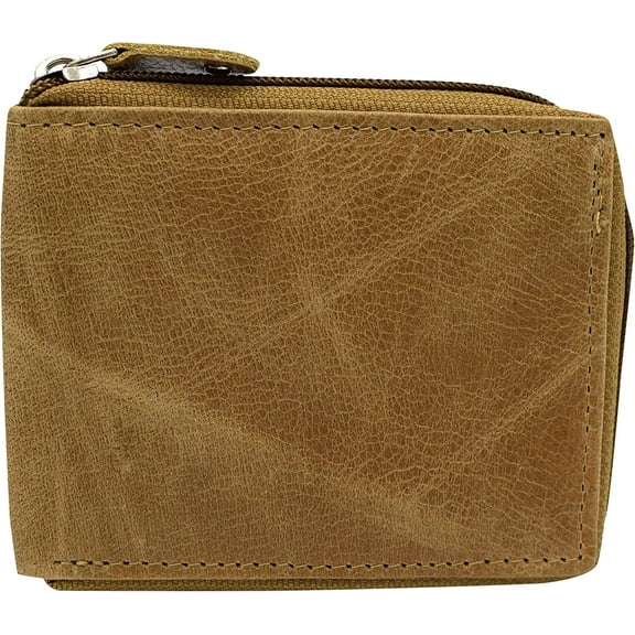 Men's Zip Around RFID Blocking Genuine Leather Outside ID Bifold Tan Wallet for Men
