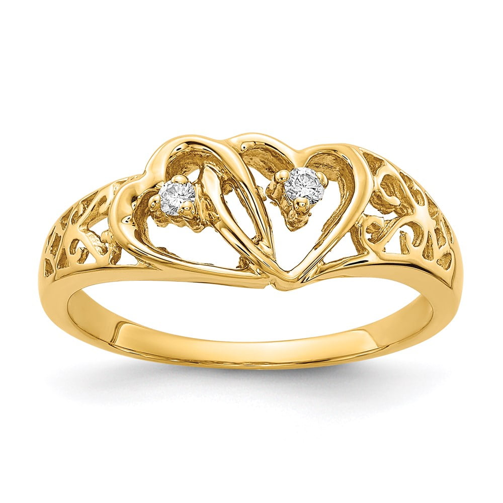 Solid 14k Yellow Gold .05ct. Diamond Heart Ring Band with CZ Cubic ...