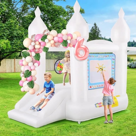 Adnoom White Bounce House, 8.5ft×8ft×6ft Bouncy Castle with Slide, Basketball Hoop for Kids Toddlers 3~8 Years, Indoor Outdoor for Birthday, Party, Wedding with 350W Blower