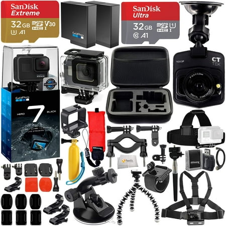 GoPro HERO7 Hero 7 Black Bundle with Free Promotional Car Dash Cam! Includes - 2X SanDisk Ultra 32GB microSDHC + Hard-Shell Case + Head Strap & Chest Strap with Mounts + (Best Place To Mount Dash Cam)