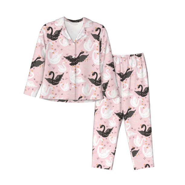 Fotbe Swan And Flowers2 Conjunto de Pijama de Manga Larga para Mujer con Estampado, Ropa de Dormir de 2 Piezas, Conjunto de Casa Suave y Cómodo con Bolsillos-Large