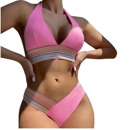 Arnsht Women Bikini Set Bohemia Swimwear Halter Top V Cut Bottom Two Piece Swimsuits Comfortable Breathable Curves Bathing Suits Pink XL