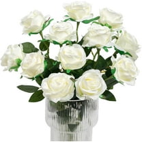 Zukuco 12Pcs Silk Roses Artificial Flowers Realistic Single Stem Flowers Fake Rose Bouquet for Arrangement Wedding Party Office Home Decor (White)