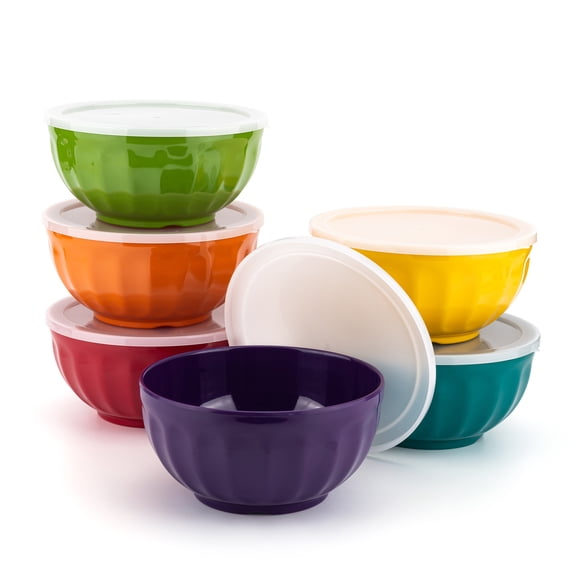 KX-Ware 6 inch, 28 Ounce Melamine Fluted Bowls with Lids for Snack and Cereal or Salad, Set of 6 Multicolor