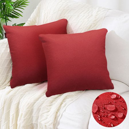 2 Pack Solid PU Coating Throw Pillow Case UV Protection Garden Cushion Cover for Patio Sofa Couch Balcony Christmas Decor 18x18 45x45cm - Red Lewondr Waterproof Outdoor Cushion Cover 