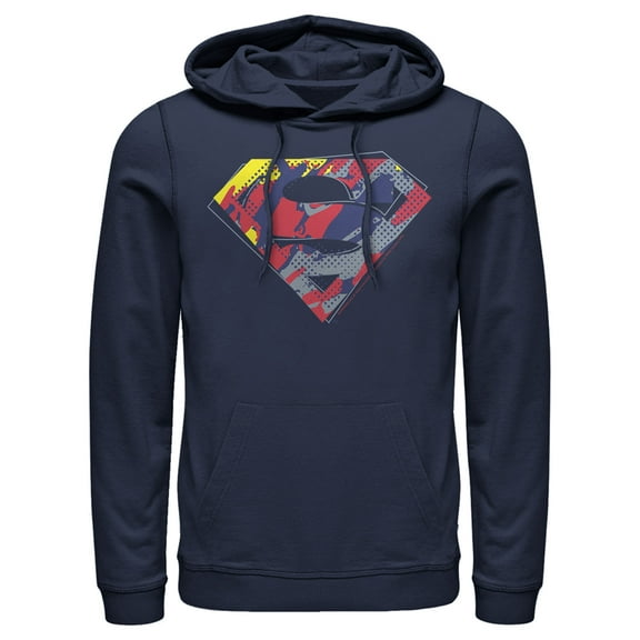 Men's Superman Logo Paint Splatter Pull Over Hoodie Navy Blue Medium