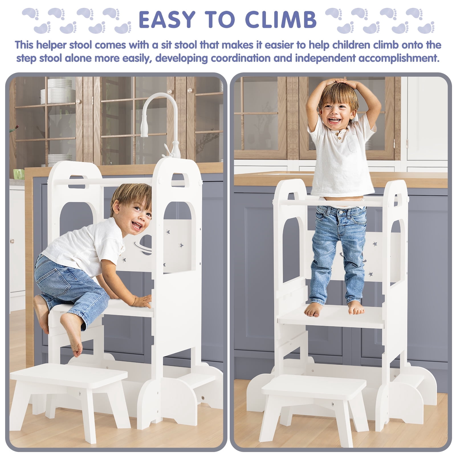 Yoneston Toddler Tower with Stool, Sky Pattern Designed Toddler Kitchen Kids Step Stool Helper with Safety Protection, White