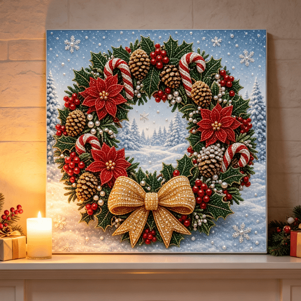 Christmas Pearl Diamond Painting Kit Winter Cardinal Candy Cane Wreath Special Rhinestone DIY Handmade Wall Art (Candy Wreath)