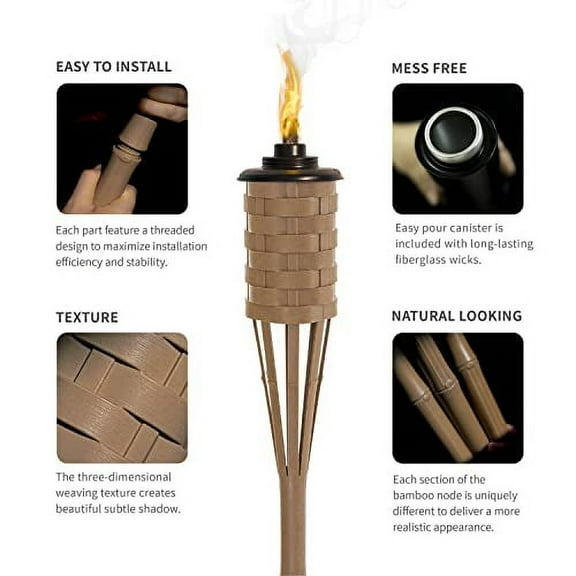 ONETHATCH Citronella Torches (Brown Color, 4pack); Bamboo Torch, Perfect for Outdoor Lighting, Luau, Summer Parties, and Garden Decor; Wide-Mouth Metal Canister, Stands 60" Tall.