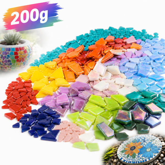 Emlimny Iridescent Glass Mosaic Tiles, 200g Multi Colors Bulk Broken Mosaic Glass Pieces for Crafts, DIY Mosaic Art, Garden Decor, Holiday & Christmas Craft Supplies, Glass Mosaic Kit for Home Decor