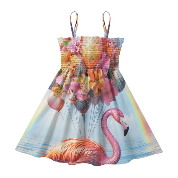 DALAWU Lightweight Flamingo Balloon Rainbow Smocked Sundress Adjustable Strap Flowy A-Line Summer Dress