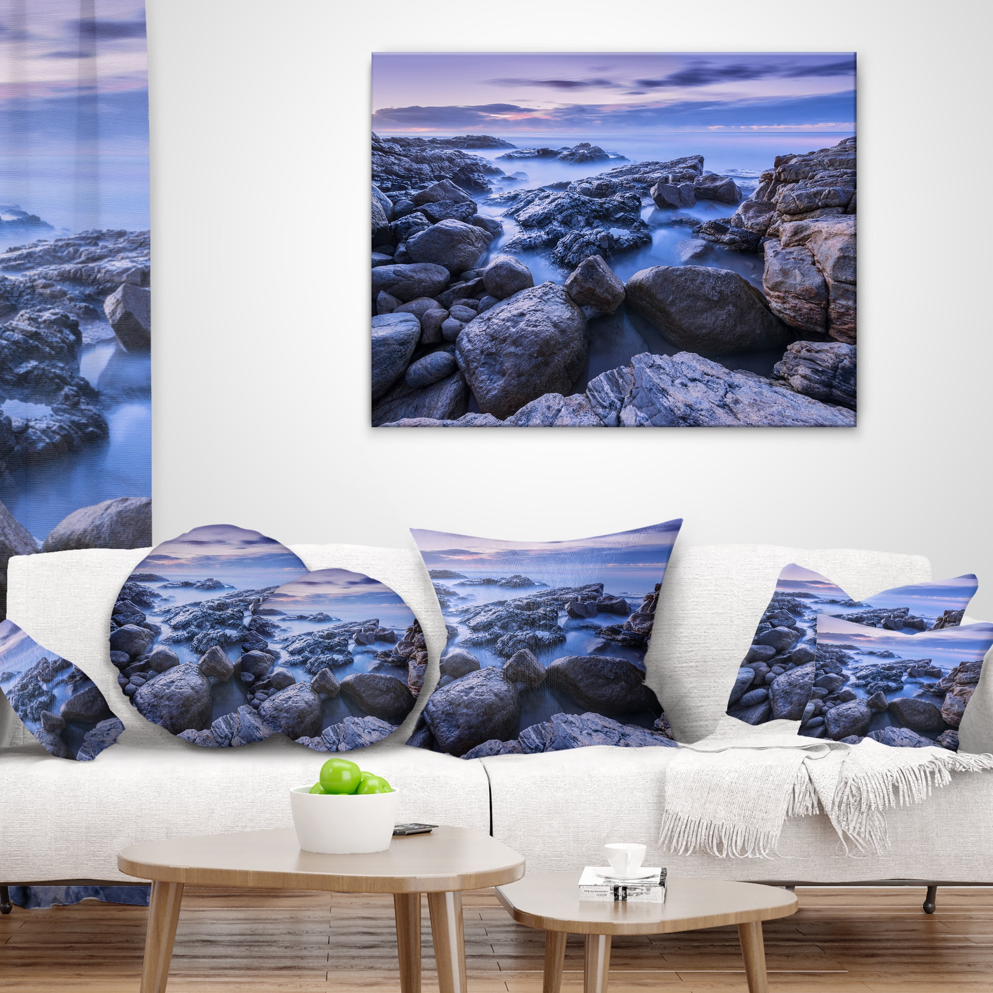 Designart Rocky Blue Seashore in Morning - Modern Seascape Throw Pillow - 18x18