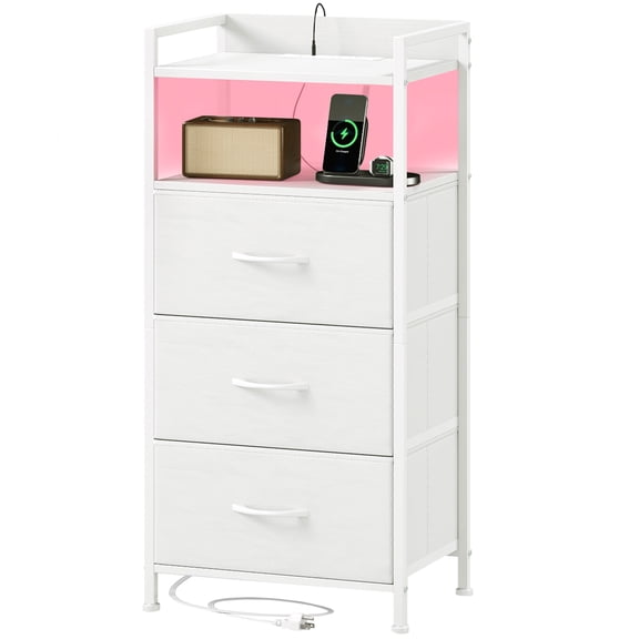 Eunos White Small Nightstand with Charging Station, 3 Fabric Drawer Dresser for Bedroom with LED and Handle