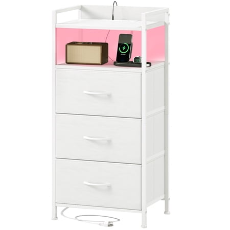 Eunos White Small Nightstand with Charging Station, 3 Fabric Drawer Dresser for Bedroom with LED and Handle