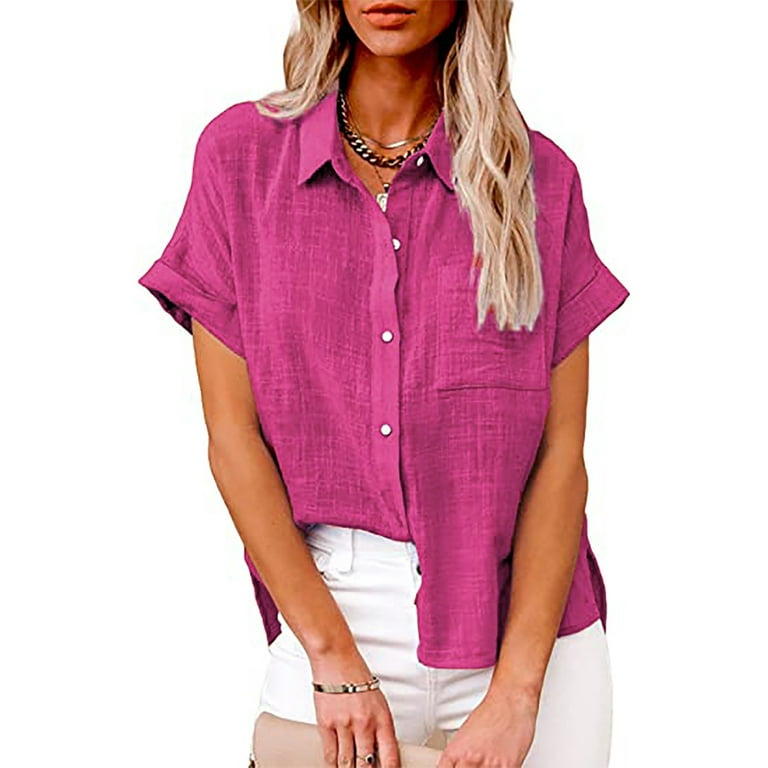RKZSDR Linen Shirts for Women Casual Dressy Plus Size Summer Short Sleeve  Button Down Shirt Tops Trendy Plain Tees Oversized Loose Relaxed Fitted  Cotton Tshirt Blouse with Pockets Hot Pink M 