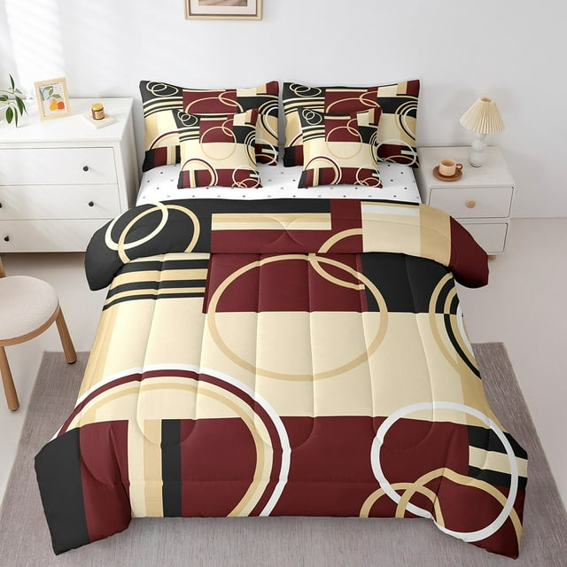 YST Ensemble de Literie Géométrique Moderne 7 Pcs Rouge Brun Noir Rayures Ensemble de Couette Taille Très Grand Cercle Rétro Tourbillons Décoration de Chambre Texture Abstraite Art Coloré pour Enfants Adultes