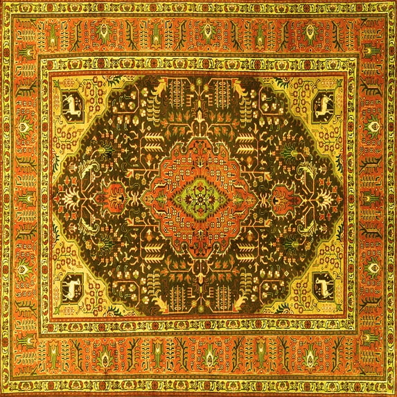 Ahgly Company Machine Washable Indoor Square Medallion Yellow Traditional Area Rugs, 7' Square