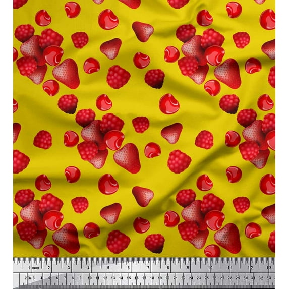 Soimoi Modal Satin Fabric Raspberry,Strawberry & Cherry Fruits Print Fabric by The Yard 42 Inch Wide